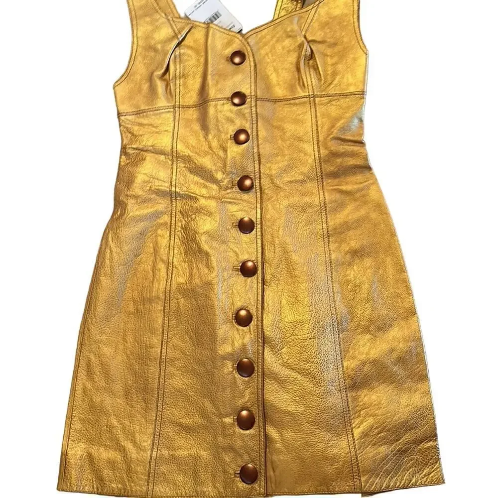 Free People Womens Goldie Metallic Leather Sweetheart Neckline Dress Size 2 Gold